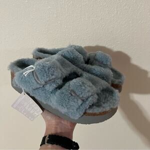 Birkenstock Arizona Big Buckle Shearling Slide Sandal in Blue Faded Aqua NEW 39